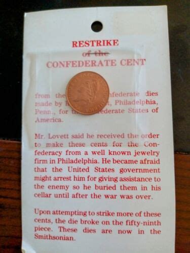 1861 Confederate States Of America Sealed 1 Cent Coin Restrike Csa