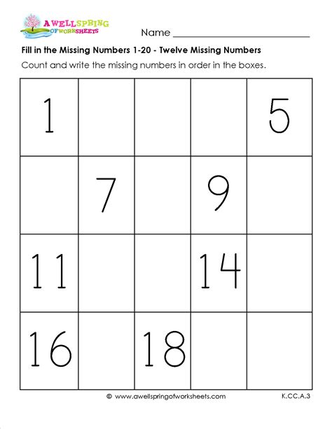 Kindergarten Math Worksheet Cfill In The Missing Numbers Through 20
