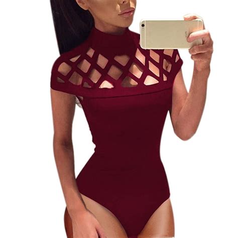 Womens Choker High Neck Bodycon Caged Sleeves Jumpsuit Bodysuit Tops Costumes For Women