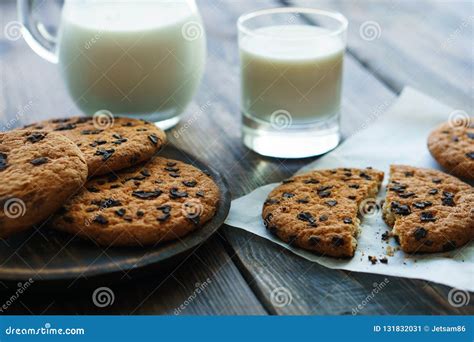 Chocolate Chip Cookies And Fresh Milk Stock Image Image Of Craft