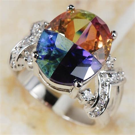 Rainbow Mystic Crystal Zircon Crystal Women Sterling Silver Ring