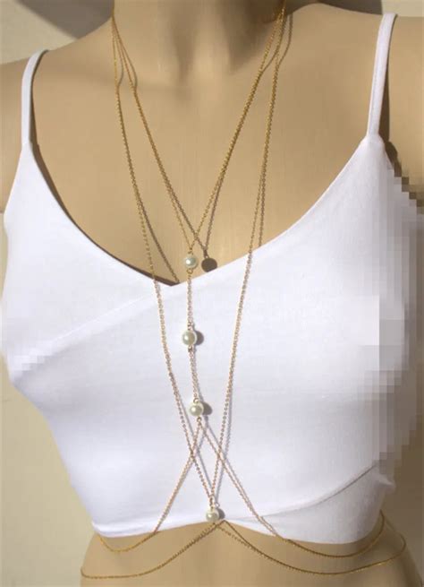 Bikini Beach Crossover Harness Pearl Necklace For Womens Sexy Waist Belt Belly Body Jewelry Gold