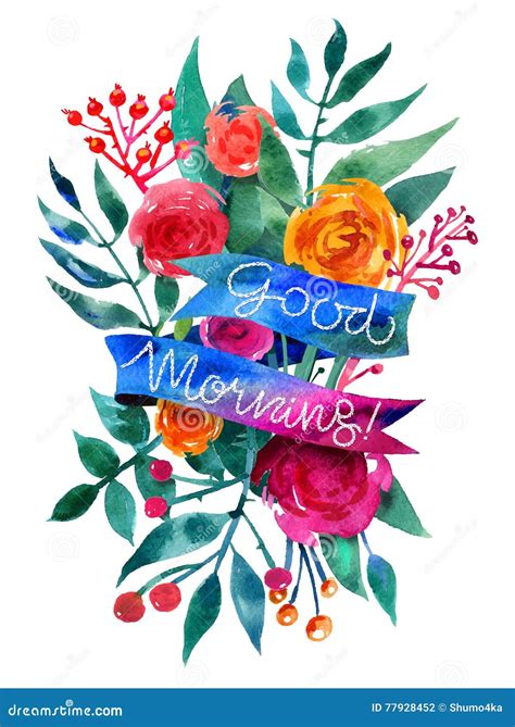 Good Morning Watercolor Flower Card Beautiful Floral Greeting C Stock