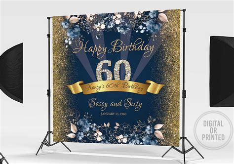 60th Birthday Backdrop Party Birthday Party Banner Navy Blue Etsy