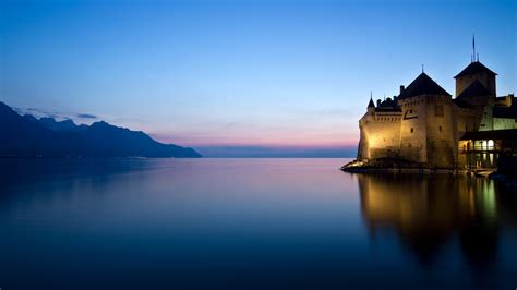 Castle Of Chillon Landscape Reflection Wallpaperhd Photography