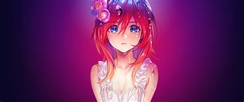 2560x1080 Anime Girl Water Drops Red Head Blue Eyes