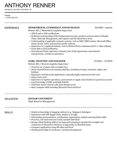 Shipping Supervisor Resume Sample