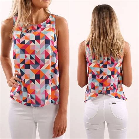 Fashion Women Geometric Printed Colorful Summer Top Sleeveless Tee Clothes Casual Tops T Shirt