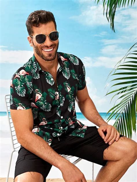 men tropical and flamingo print shirt beach outfit men summer outfits men vacation outfits men