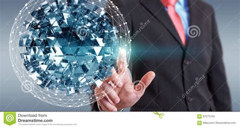 Businessman Touching Flying Abstract Sphere With Shiny Cube 3d R Stock