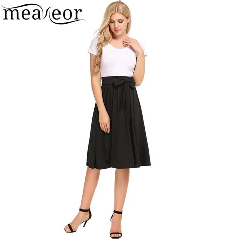 Meaneor Pleated Women Skirts Casual Elastic High Waist A Line Pleated Knee Length Skirt Lace Up
