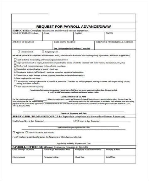Templates to create a salary advance agreement for employees who need extra cash until a future payday. FREE 9+ Sample Payroll Advance Forms in PDF | MS Word