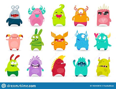 Set Of Funny Cute Monsters Cartoon Vector Illustration Stock Vector