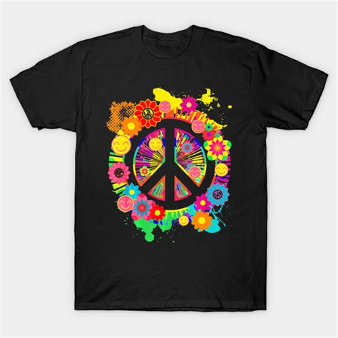 Peace Sign T Shirt Bright Colorful Flowers 70s Hippie Peace Sign T