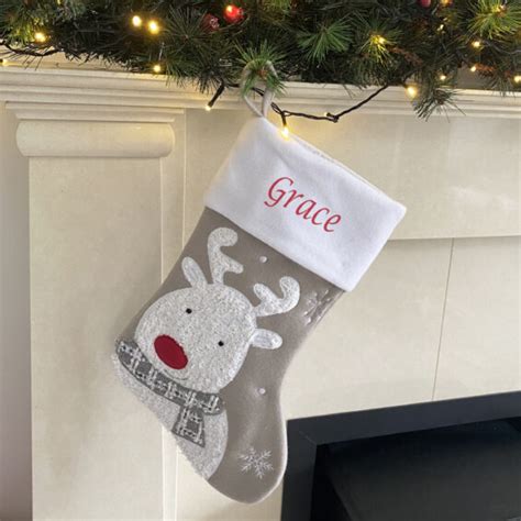 Fluffy Grey Reindeer Christmas Stocking40x20cm The Embroidery Hut