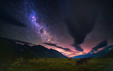 Wallpaper Night Sky Stars Clouds Mountains Nature Plants