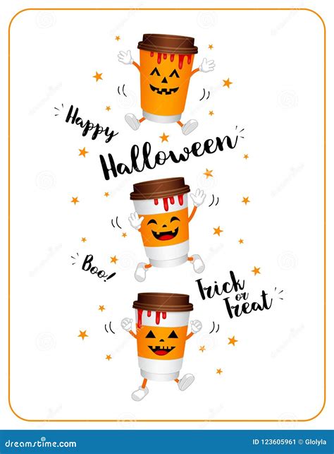 Paper Coffee Cups Cartoon Character With Halloween Concept Stock