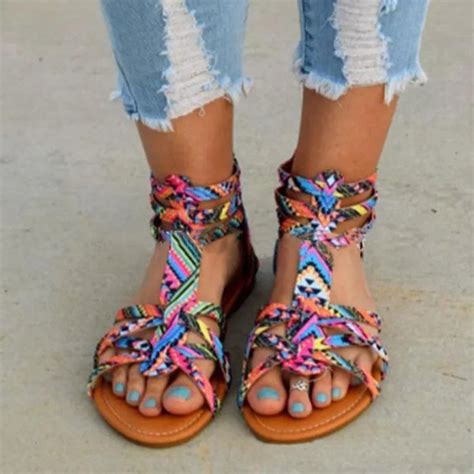 Women Sandals Summer Flat Sandals Colorful Ankle Strap Shoes Sexy Party
