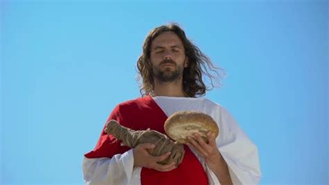 Jesus Holding Bread And Bottle Of Wine Sharing Sacramental Meal Holy