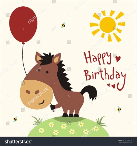 Happy Birthday Funny Little Horse With Balloon Handwritten Text