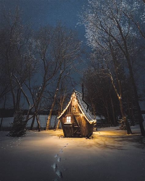 Snow Covered Cabin Snow Forest Night Hut Beautiful Places Winter