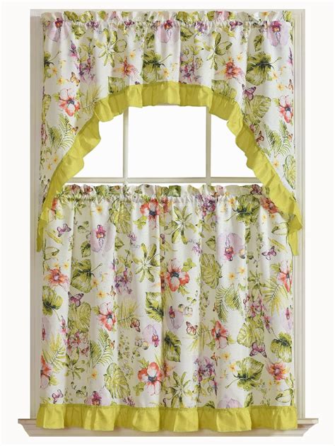 Tropical Floral 3 Pc Complete Tier And Swag Valance Kitchen Curtain Set