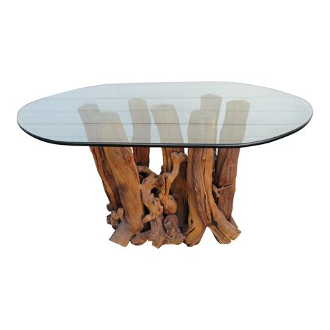 Mid Century Modern Tree Trunk Base Dining Table With Glass Top Chairish