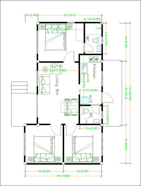 House Design Plans 11x6 Meters 36x20 Feet 3 Beds House Design 3d