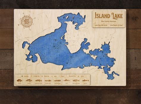 Island Manitowish Chain Wood Engraved Lake Map