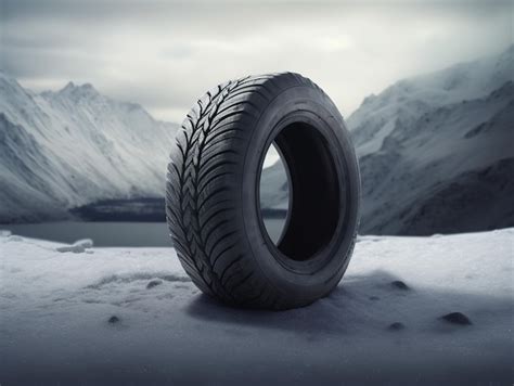 Premium Ai Image A Black Tire Sits In The Snow With A Snowy Mountain