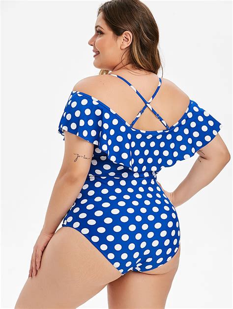37 OFF 2020 Flounce Polka Dot Plus Size One Piece Swimsuit In BLUE