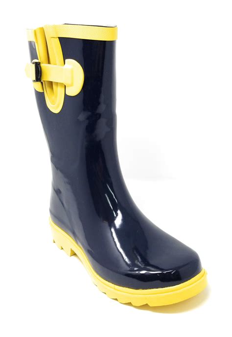Women Classic Mid Calf 11 Two Tone Navy And Yellow Waterproof Rubber