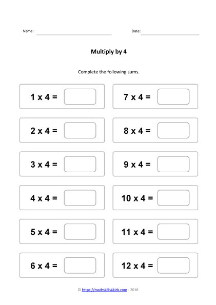 Multiplication Worksheet 4 Times Tables