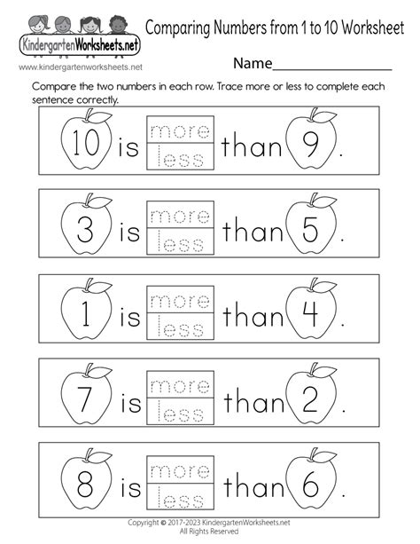 Comparing Numbers 1-10 Worksheets Kindergarten