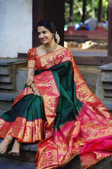 Pure Kanjivaram Silk Saree With Royal Green Colour Gold Zari Etsy