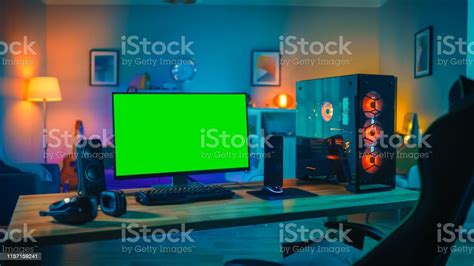 Powerful Personal Computer Gamer Rig With Mock Up Green Screen Monitor