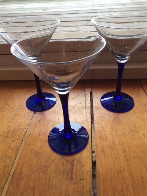 Tall Martini Glasses Set Of 3 Clear Glass With Cobalt Blue Stems Cocktail 7 Perrnod Blue