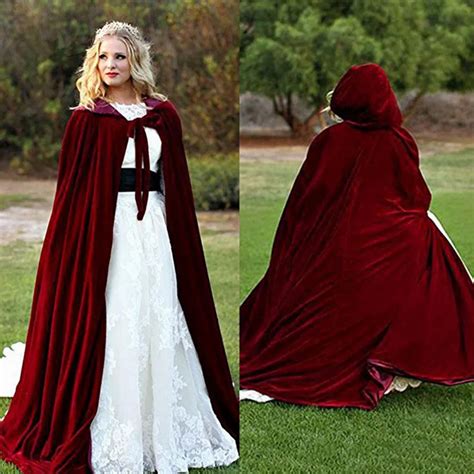 Wine Velvet Hooded Cloak Wedding Cape Faux Fur Shawl In Wedding Jackets