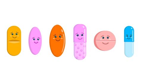 Cute Pills Characters Isolated On White Background Set Of Tablets And
