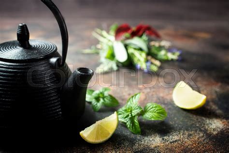 Teapot With Aroma Herb For Tea On A Stock Image Colourbox