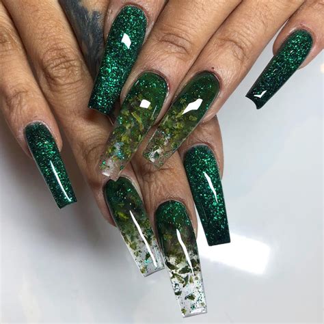 Sculpted Wide Coffin Nails Encapsulated Weed Encapsulated Green