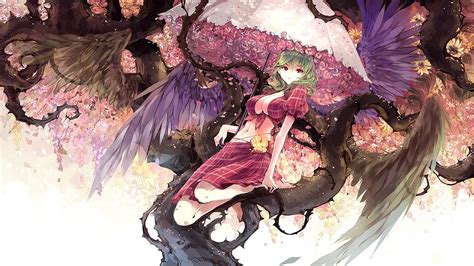 Wallpaper Illustration Flowers Long Hair Anime Girls Wings Touhou Umbrella Smiling Red