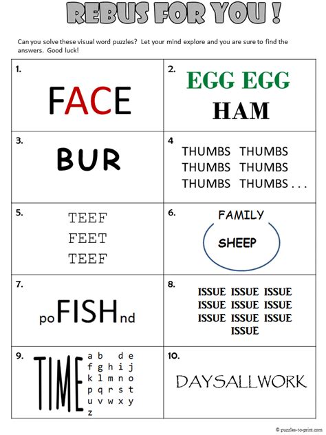 Free Printable Rebus Worksheet From Puzzles To Print Features Visual Word Puzzles To Get