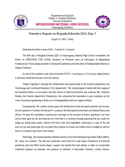 Brigada Eskwela Narrative Report August 13 2021 Pdf