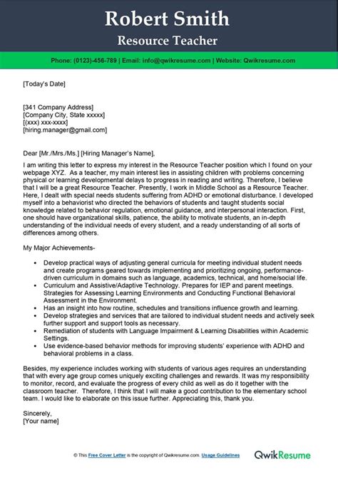 Resource Teacher Cover Letter Examples Qwikresume