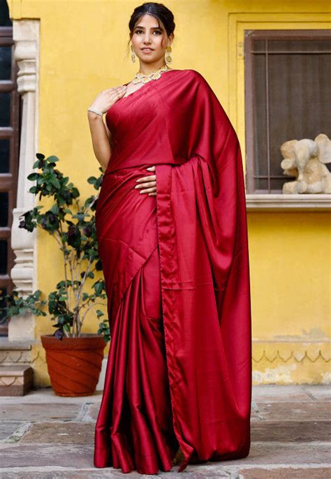 Solid Color Satin Silk Saree In Red Sqx71