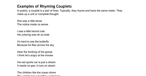 Rhymed two line form with the first line in iambic pentameter and the second in iambic dimeter. Couplet (対句) Examples - Google Docs