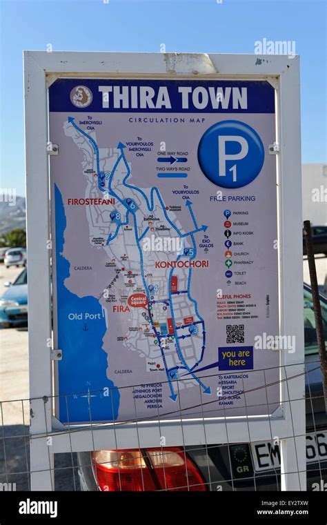 A Map Of Thira Town On Display Outdoor Santorini Greece Stock Photo