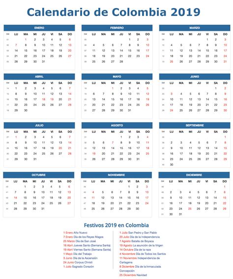Calendario 2019 De Colombia Días Festivos 2019