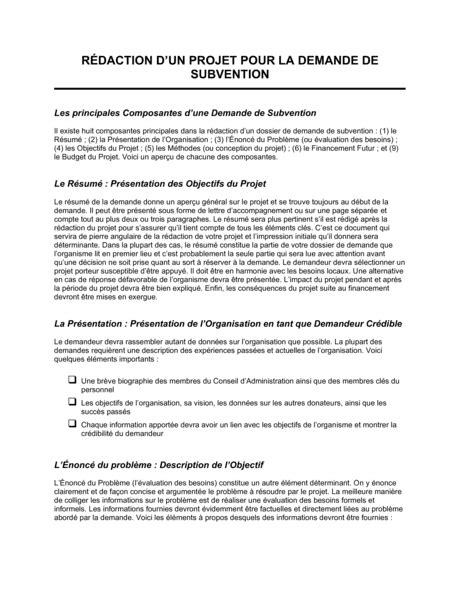 Rédaction de projet Demande de subvention Modèles Exemples PDF Hot